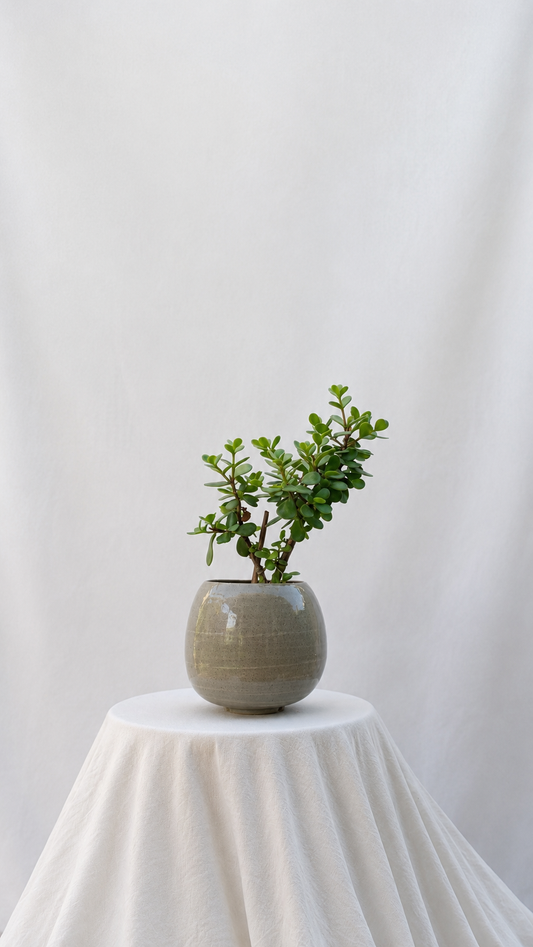 Small round recycled clay planter with jade